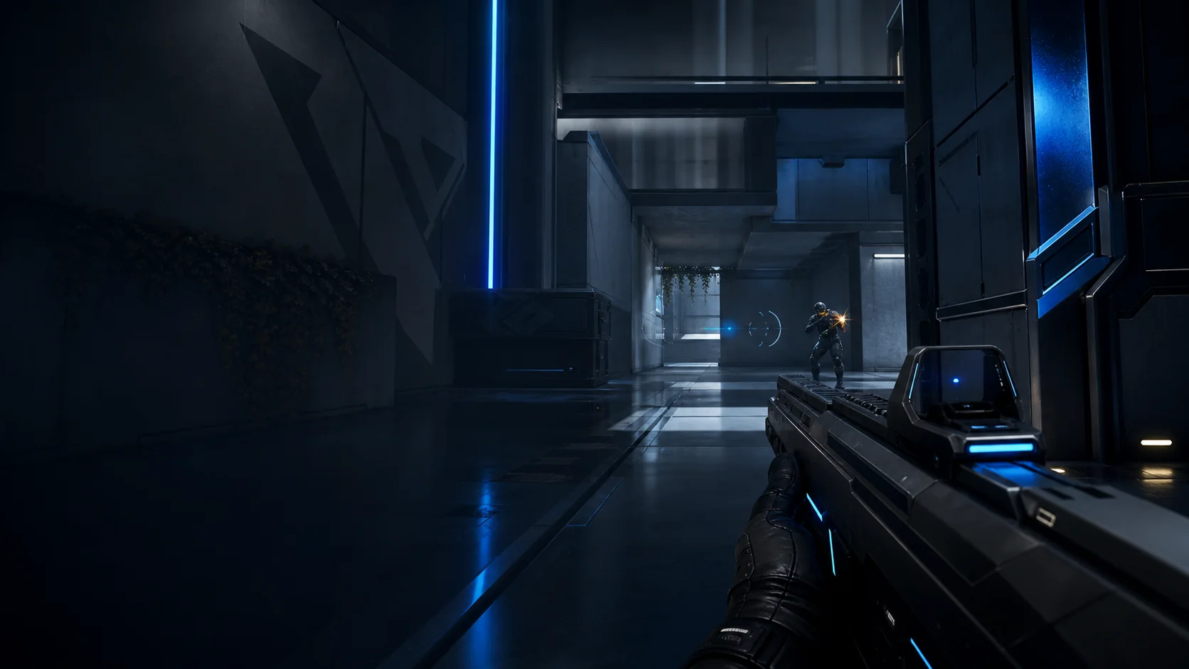 An aim reticle overshooting an opponent in an original tactical shooter scene