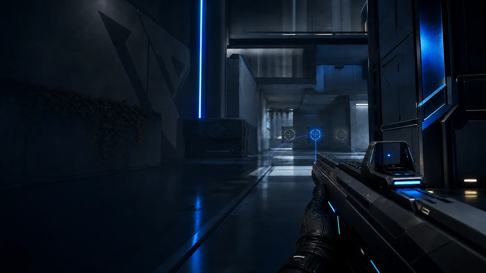 Three aim paths comparing under, over and controlled movement in an original shooter scene