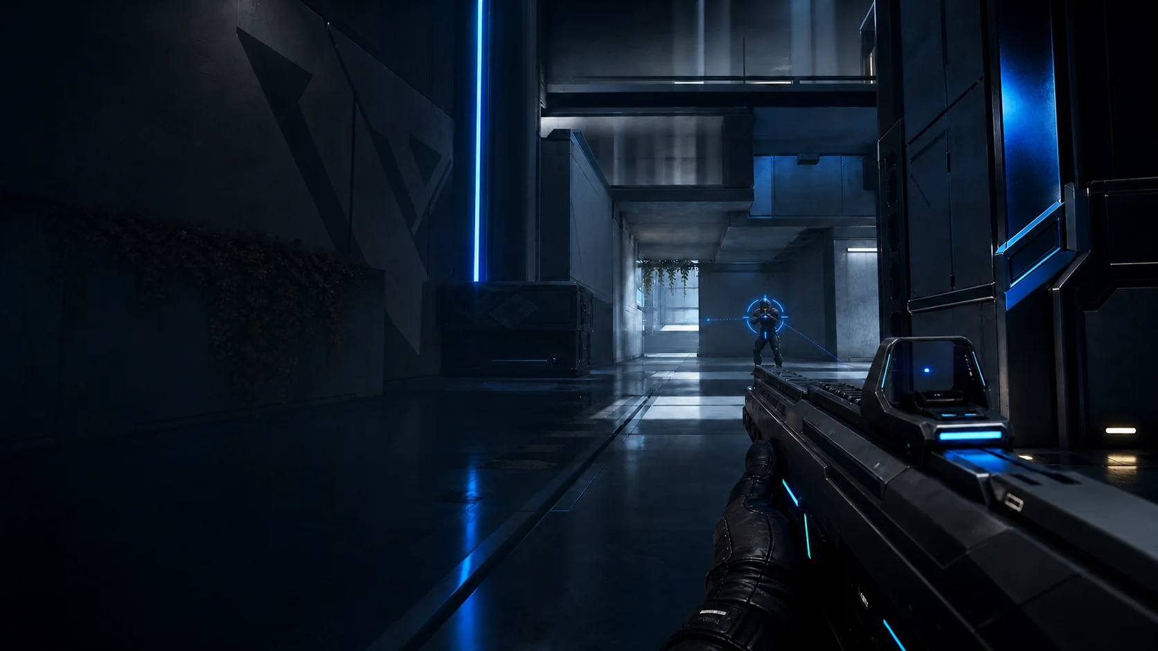 A stable reticle aligned on an opponent in an original tactical shooter scene